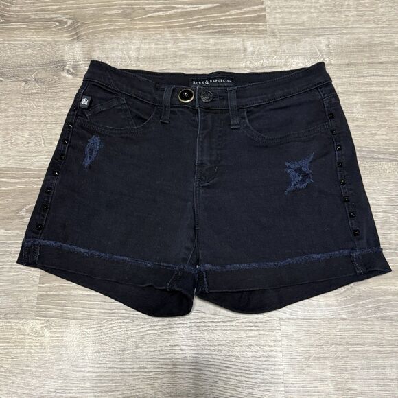 Rock & Republic Jean Shorts 6 Black Distressed Studded Festival Goth Grunge - Picture 1 of 9